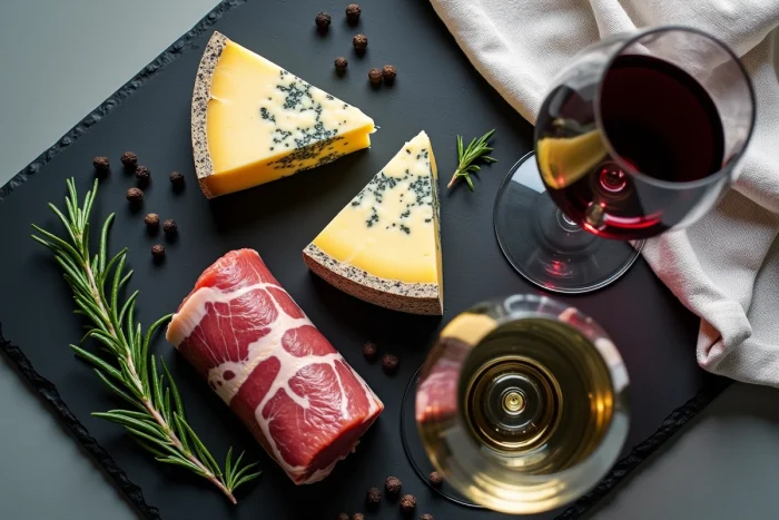 Mise en scène flat lay avec roquefort, filet mignon de porc cru, romarin et deux verres de vin rouge et blanc pour illustrer un accord mets et vins