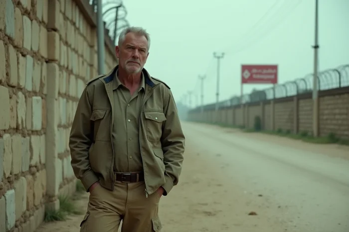Acteur en veste kaki usée devant un mur en pierre évoquant une zone de conflit, dans le style visuel de la série Homeland saison 8