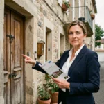 Agent immobilier présentant un local d'habitation en rez-de-chaussée d'un immeuble en pierre, illustrant la différence entre local et appartement