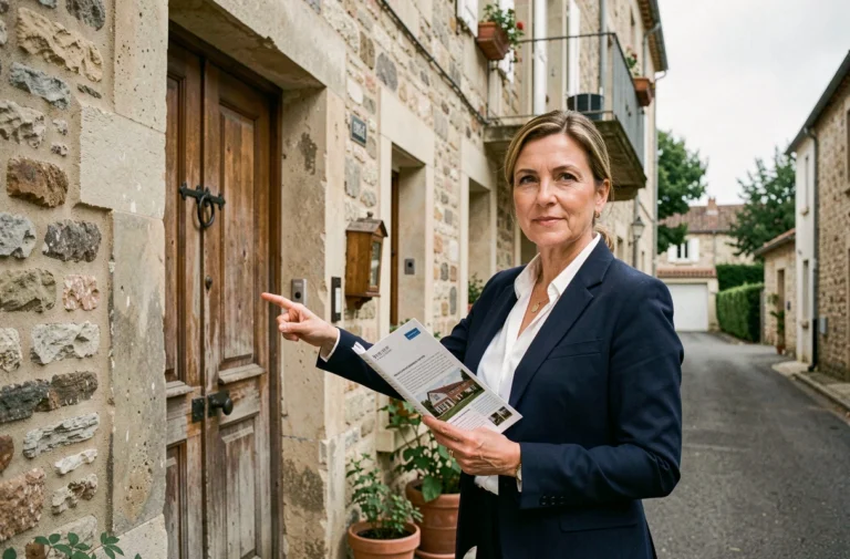 Agent immobilier présentant un local d'habitation en rez-de-chaussée d'un immeuble en pierre, illustrant la différence entre local et appartement