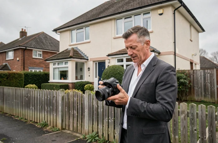 Agent immobilier photographiant une maison à vendre en extérieur pour créer une annonce immobilière professionnelle