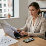 Agente immobilière professionnelle révisant des annonces immobilières en ligne sur son ordinateur portable dans un bureau moderne