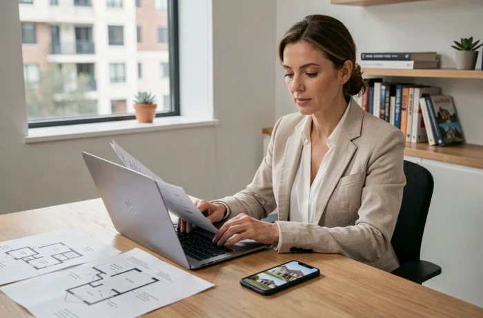 Agente immobilière professionnelle révisant des annonces immobilières en ligne sur son ordinateur portable dans un bureau moderne