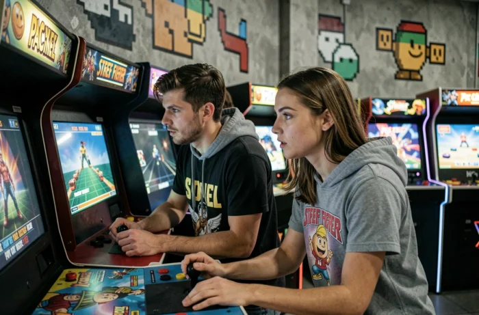 Deux amis geeks en compétition sur des bornes d'arcade rétro dans un bar gaming décoré de fresques pixel art