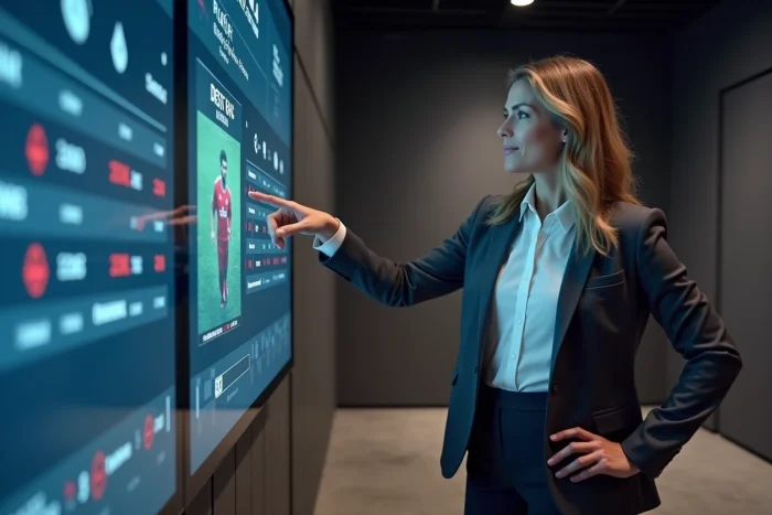 Analyste sportive féminine présentant des statistiques de match en direct sur écran tactile en studio télé