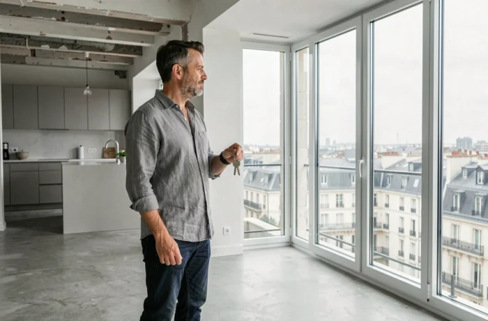 Homme tenant des clés dans un appartement moderne en étage avec vue sur la ville, symbolisant l'achat immobilier d'un appartement en France
