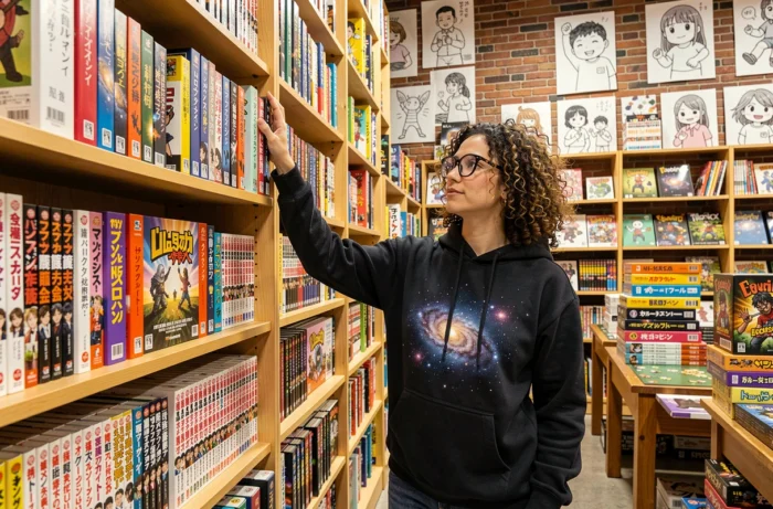 Femme explorant une boutique de jeux de société et mangas dans un magasin spécialisé culture pop