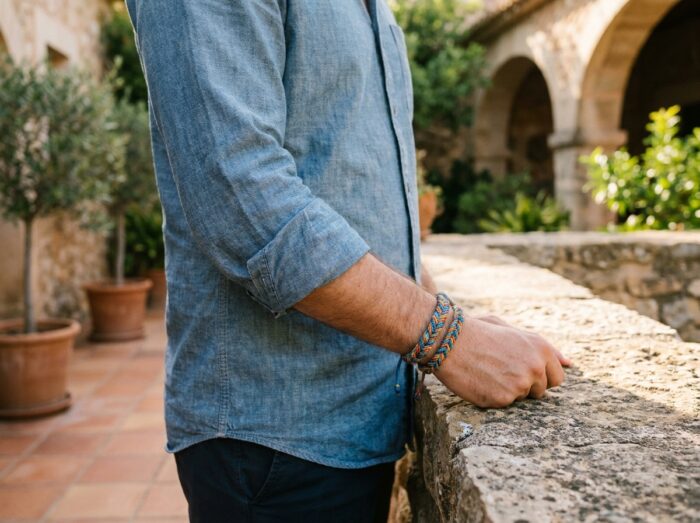 Homme portant des bracelets en cordon coloré sur l'avant-bras dans une cour méditerranéenne