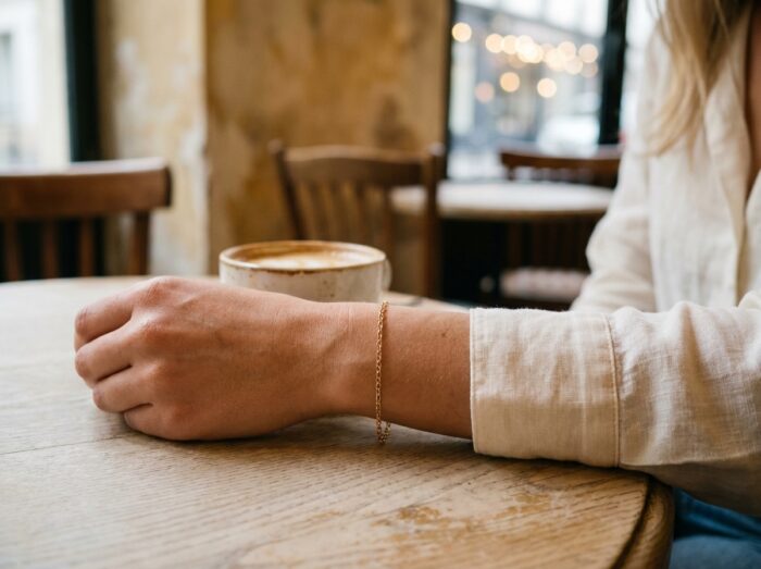 Femme portant un bracelet fin en or sur un poignet posé sur une table de café parisien