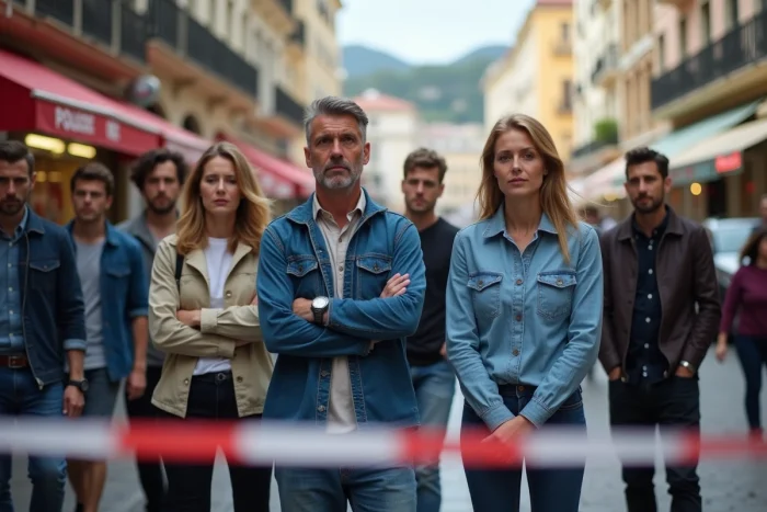 Groupe de témoins inquiets devant le Palais des Festivals à Cannes