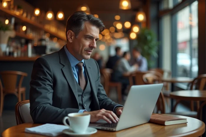 Chef d'entreprise lisant les actualités business sur son ordinateur portable dans un café urbain élégant