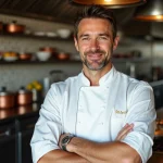 Chef en cuisine moderne avec cuisine professionnelle