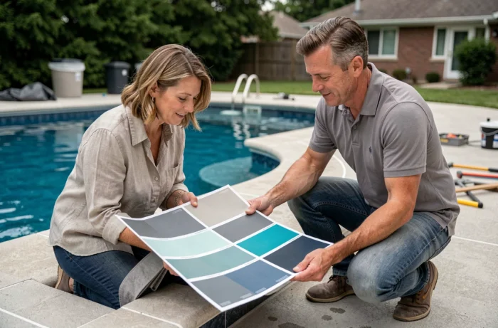 Professionnel et propriétaire comparant des échantillons de liner de piscine en différentes couleurs au bord d'une piscine en rénovation