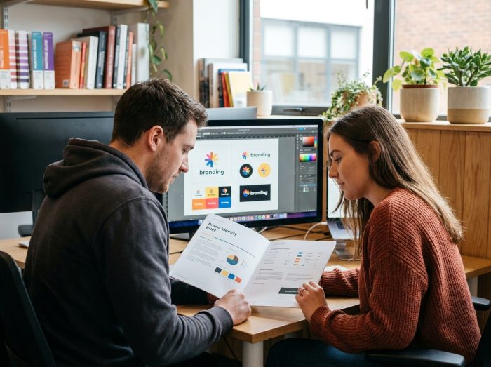 Deux étudiants en formation design graphique collaborant sur un projet d'identité visuelle avec Adobe Illustrator dans un espace créatif co-working