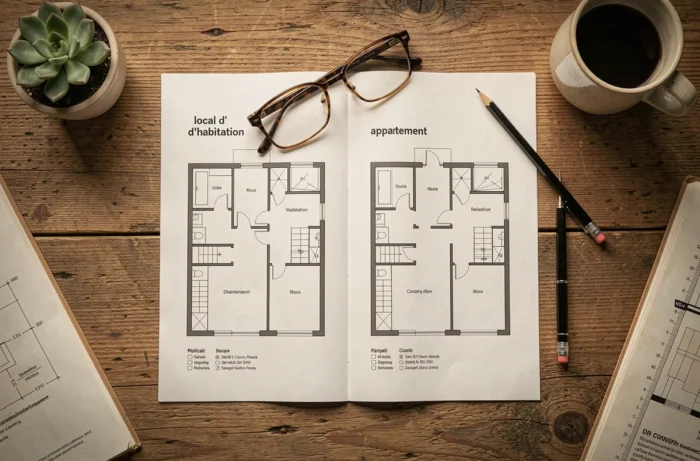 Plans de local d'habitation et d'appartement comparés sur un bureau en bois, avec lunettes et crayon, pour illustrer les différences juridiques et immobilières