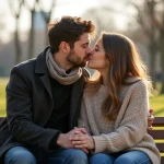 Jeune couple s’embrassant dans un parc au printemps