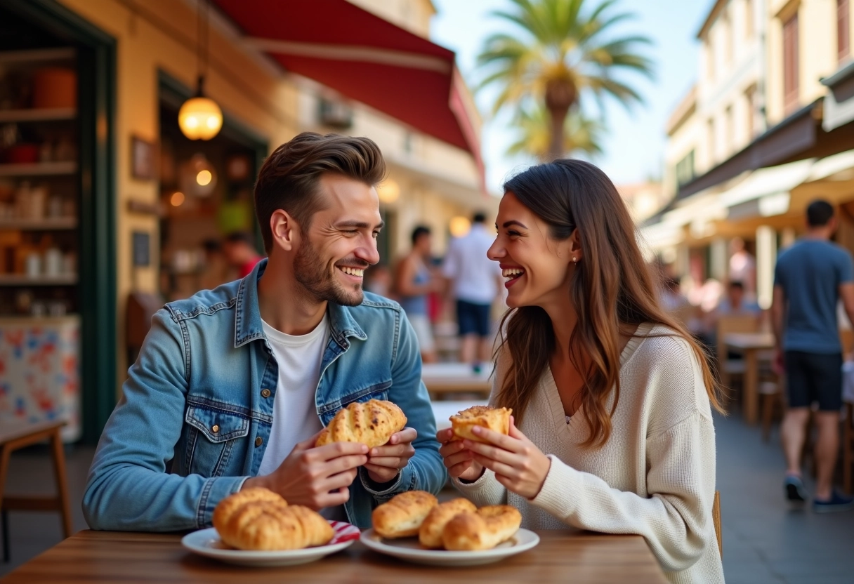 Jeune couple dégustant focaccia dans un marché en plein air