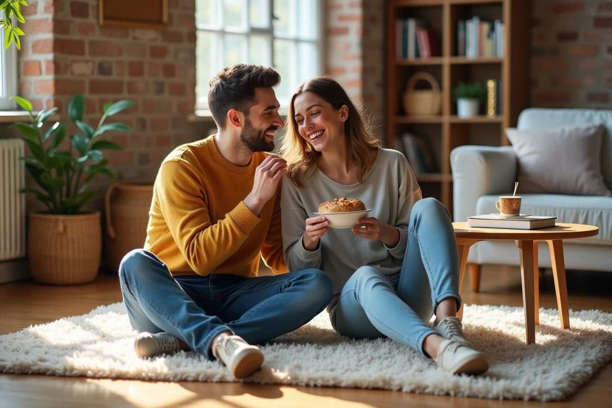 Jeune couple riant avec une pâtisserie dans un salon ensoleille