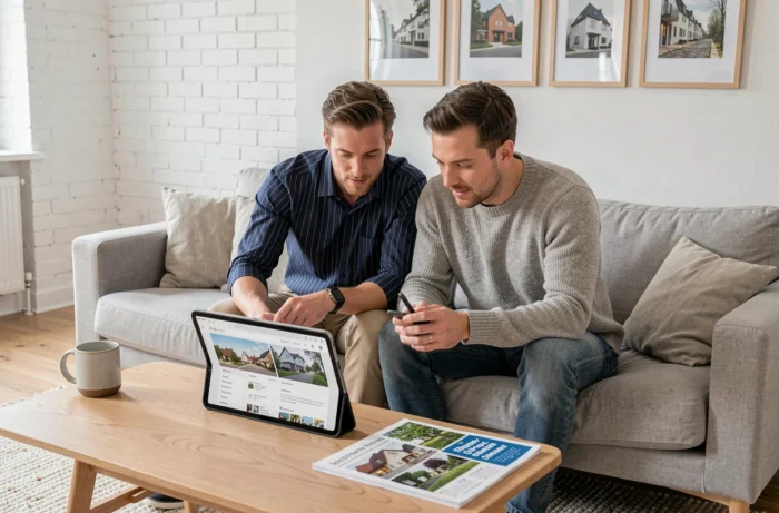Couple cherchant des annonces immobilières en ligne sur une tablette dans un salon moderne et chaleureux
