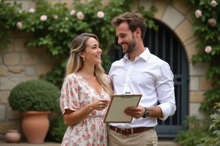 Couple de futurs mariés visitant un domaine de mariage en jardin et consultant leur liste de contrôle