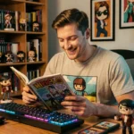 Jeune homme passionné de culture geek lisant une bande dessinée entouré de figurines et jeux vidéo rétro