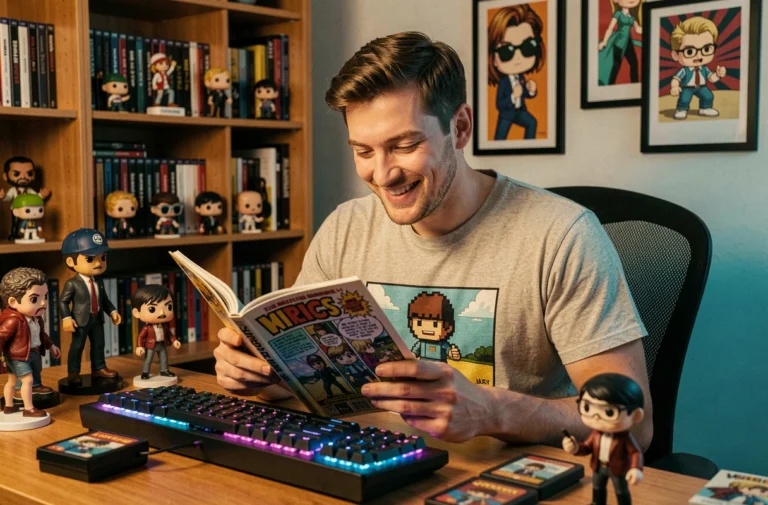 Jeune homme passionné de culture geek lisant une bande dessinée entouré de figurines et jeux vidéo rétro