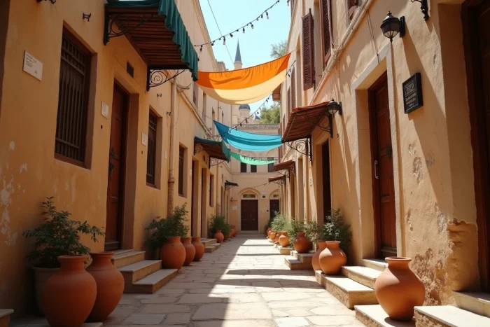 Ruelle étroite aux murs en stuc usé dans un décor urbain inspiré du Moyen-Orient similaire aux décors de la série Homeland