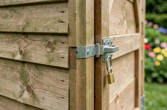 Détail architectural d'un angle d'abri de jardin en bois avec charnière et cadenas, symbolisant la construction et la réglementation des abris de jardin
