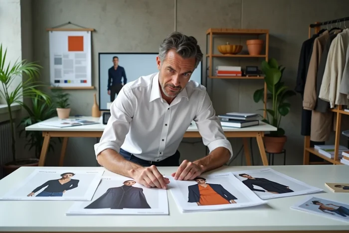 Directeur artistique masculin consultant des maquettes éditoriales de mode dans un studio minimaliste