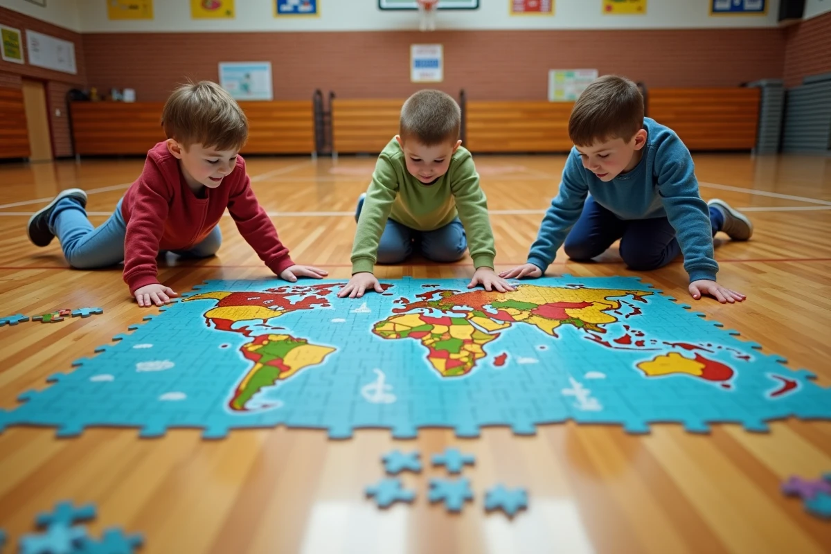 Trois enfants jouent à un puzzle géant dans une salle de classe