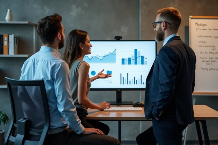 Équipe de professionnels analysant des tableaux de bord de tendances business sur un écran dans un espace de coworking