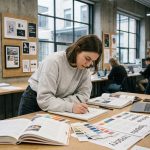 Étudiante en design graphique travaillant sur des esquisses de logos entourée de palettes de couleurs et de fiches typographiques dans un studio de formation moderne
