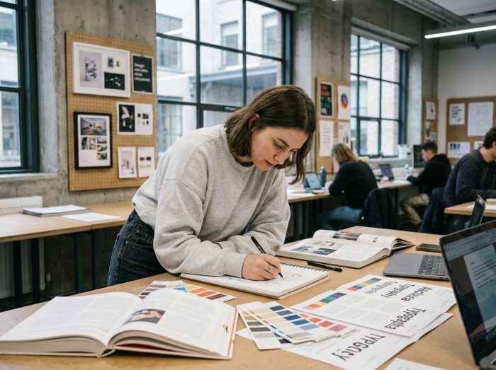 Étudiante en design graphique travaillant sur des esquisses de logos entourée de palettes de couleurs et de fiches typographiques dans un studio de formation moderne