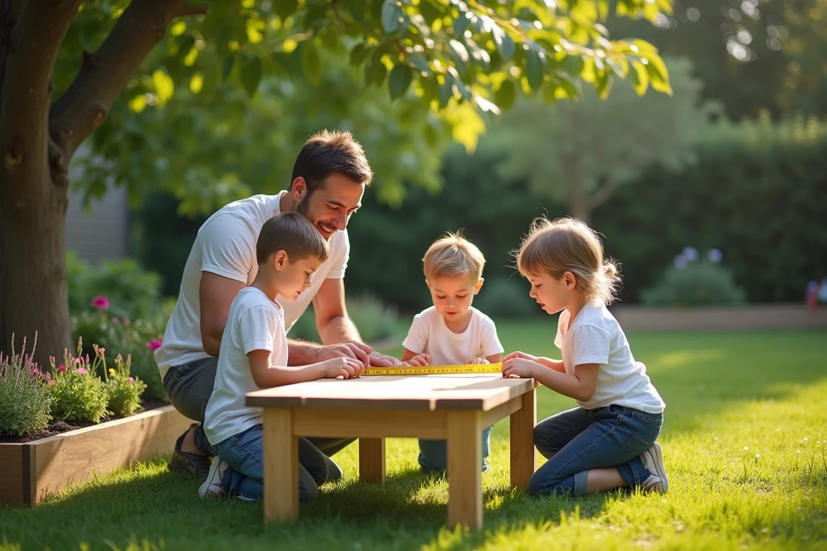 Famille construisant une table de jardin en plein air