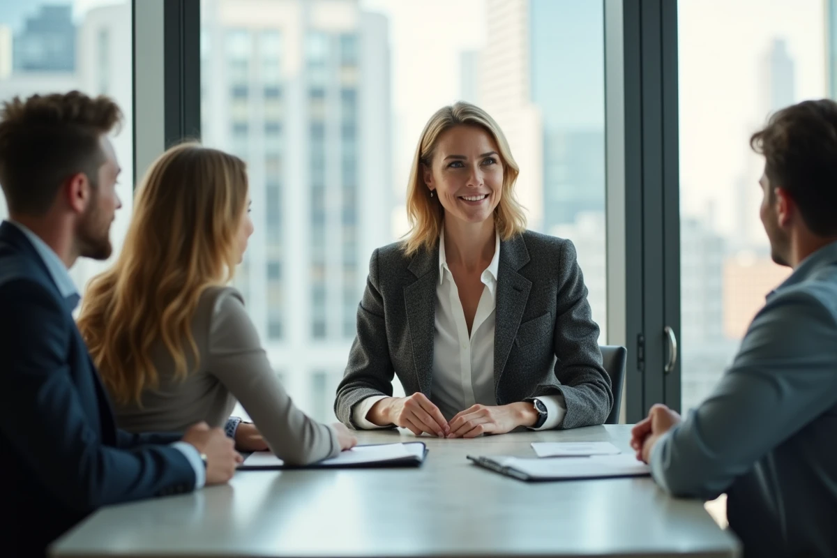 Femme d affaires discutant avec un couple dans une salle moderne