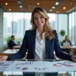 Femme d'affaires consultant des rapports de tendances business dans un bureau moderne ouvert