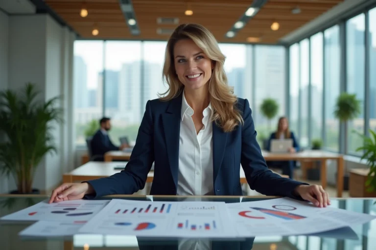 Femme d'affaires consultant des rapports de tendances business dans un bureau moderne ouvert