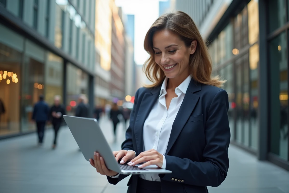Femme d affaires regardant un tableau de bord numérique en ville