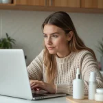 Jeune femme compare des produits de beauté à la maison