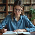 Femme concentrée sur son ordinateur dans une bibliothèque universitaire