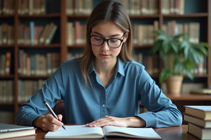 Femme concentrée sur son ordinateur dans une bibliothèque universitaire