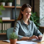 Femme souriante travaillant sur son ordinateur dans un bureau moderne