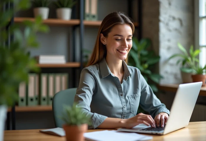 Femme souriante travaillant sur son ordinateur dans un bureau moderne