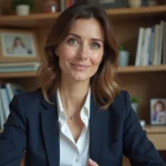 Femme dans un bureau à domicile avec photos d'enfance