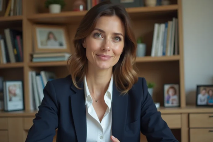 Femme dans un bureau à domicile avec photos d'enfance