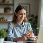 Femme en bureau moderne compare avis en ligne