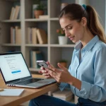 Femme en bureau moderne utilisant son iPhone