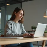 Jeune femme au bureau utilisant ordinateur et tablette