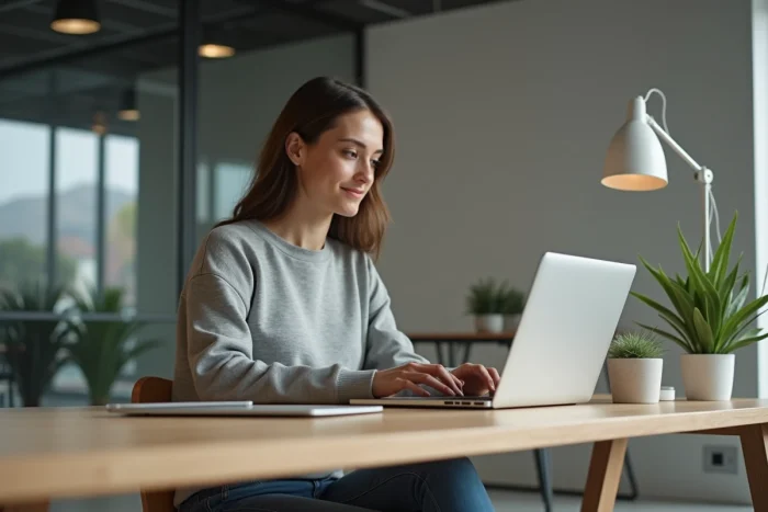Jeune femme au bureau utilisant ordinateur et tablette