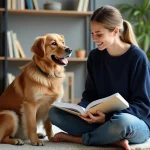 Jeune femme souriante avec chien golden retriever à la maison